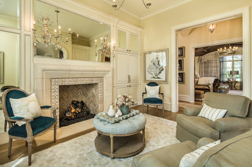 Design ideas for a contemporary formal living room in Dallas with beige walls and a standard fireplace.