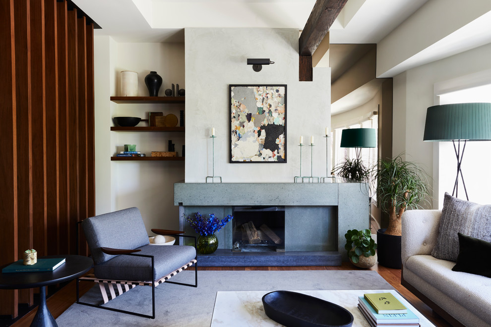 Modernes Wohnzimmer mit beiger Wandfarbe, braunem Holzboden, Kamin und braunem Boden in San Francisco