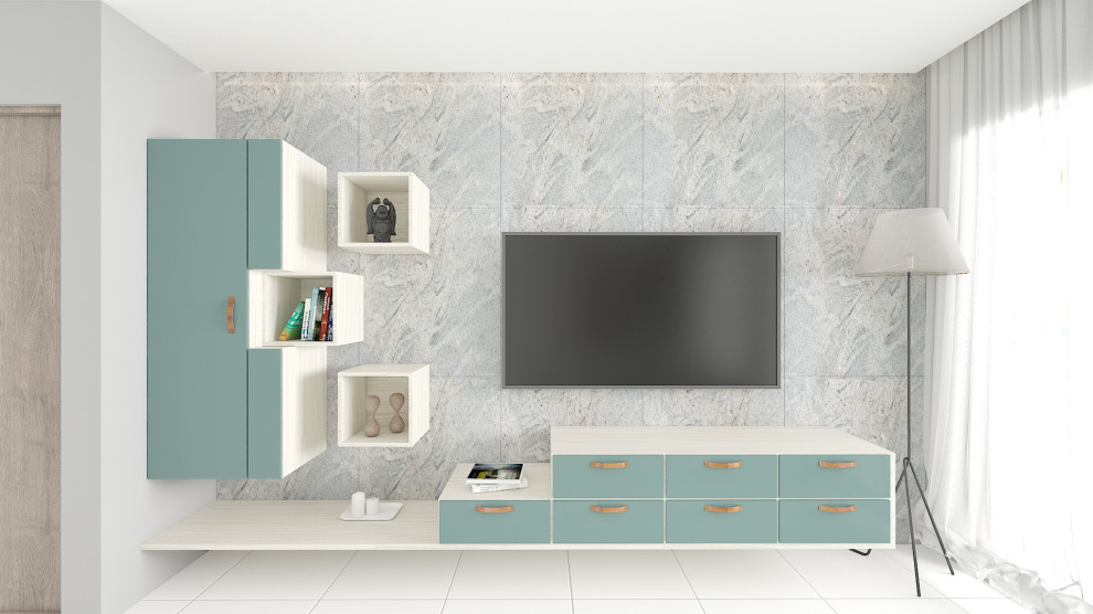 На фото: гостиная комната в средиземноморском стиле с телевизором на стене и панелями на части стены с
