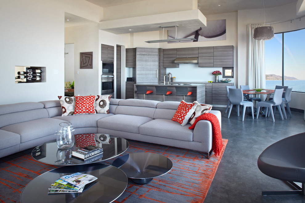 На фото: гостиная комната в современном стиле с бетонным полом и серым полом