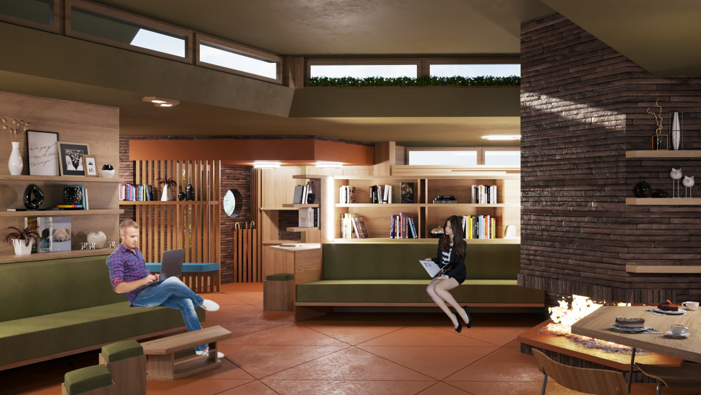 Foto de salón abierto minimalista de tamaño medio con suelo de cemento, todas las chimeneas, marco de chimenea de ladrillo, televisor retractable y suelo naranja