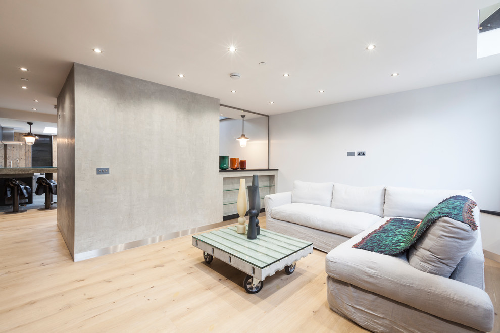 Inredning av ett modernt mellanstort loftrum, med vita väggar, ljust trägolv och en fristående TV
