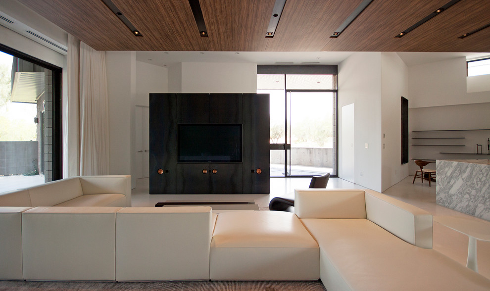 Ispirazione per un grande soggiorno moderno aperto con pareti nere, pavimento in cemento e parete attrezzata