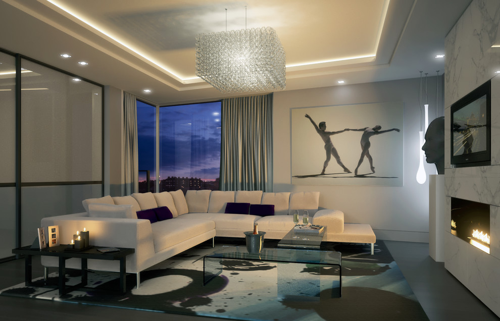 Example of a trendy living room design in London with beige walls and a wall-mounted tv