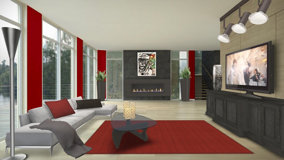 Свежая идея для дизайна: гостиная комната в современном стиле с красными стенами, светлым паркетным полом, подвесным камином и фасадом камина из кирпича - отличное фото интерьера
