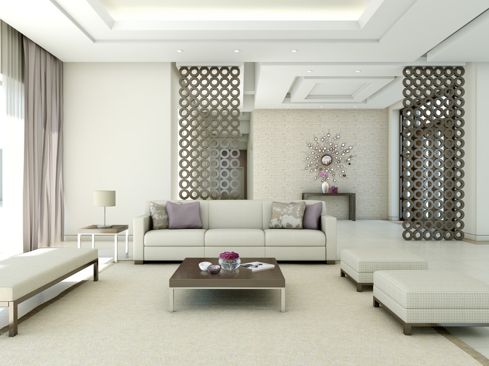 Ispirazione per un soggiorno minimal di medie dimensioni con pareti bianche e nessun camino