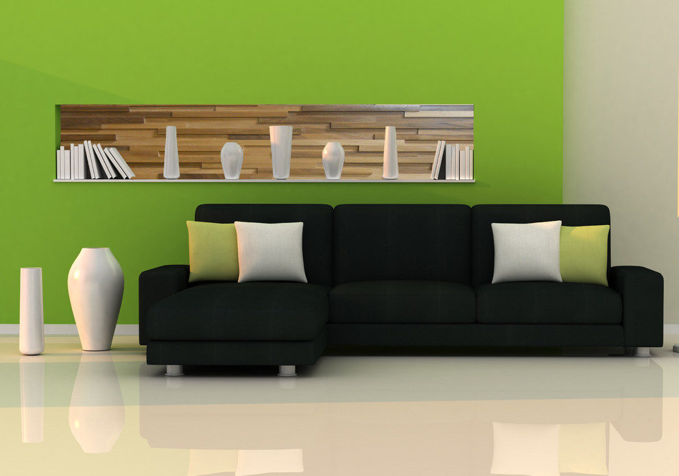 Cette photo montre un salon moderne avec un mur vert, une salle de réception et un sol blanc.