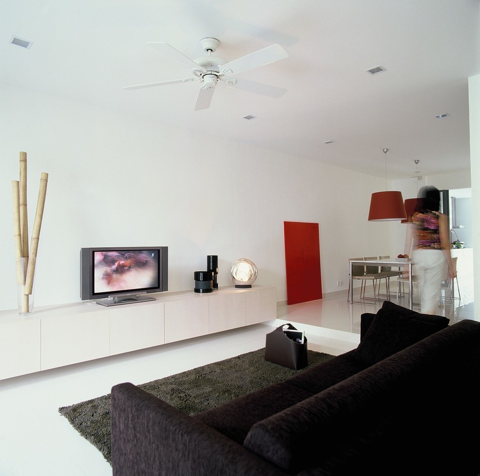 Idée de décoration pour un salon minimaliste avec un mur blanc.