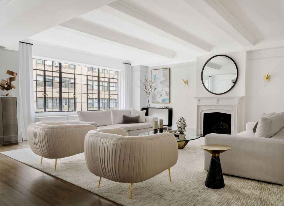 Inspiration for a contemporary formal open plan living room in New York with white walls, dark hardwood flooring, a standard fireplace and no tv.
