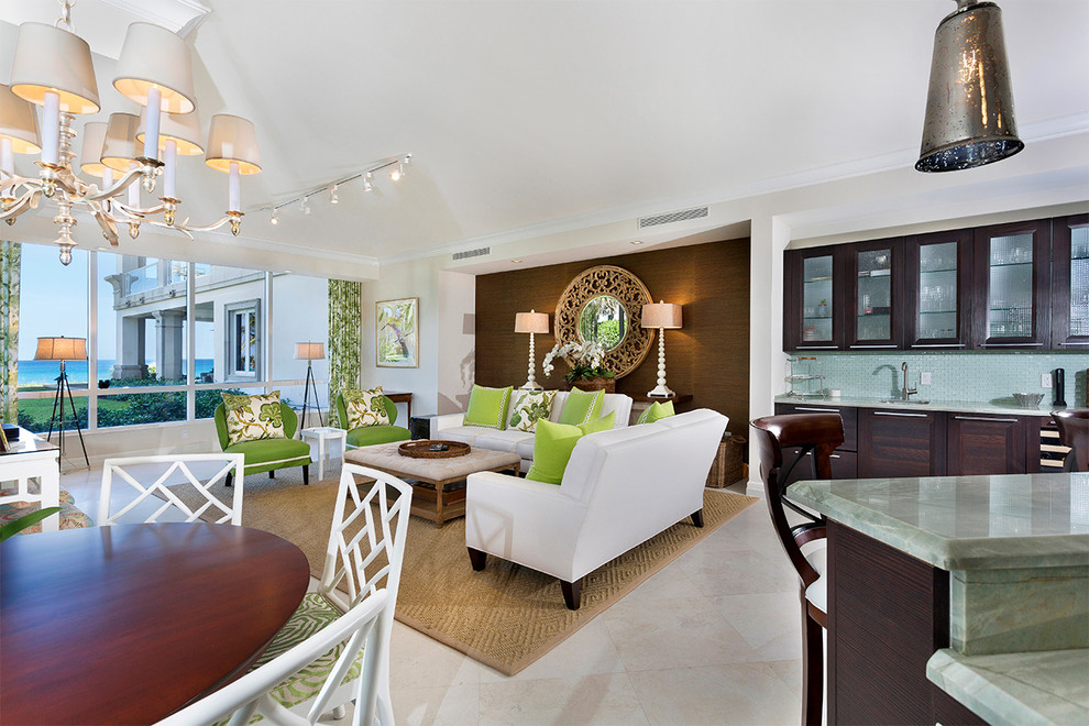This is an example of a medium sized nautical formal mezzanine living room in Miami with beige walls, porcelain flooring, no fireplace, a wall mounted tv and beige floors.
