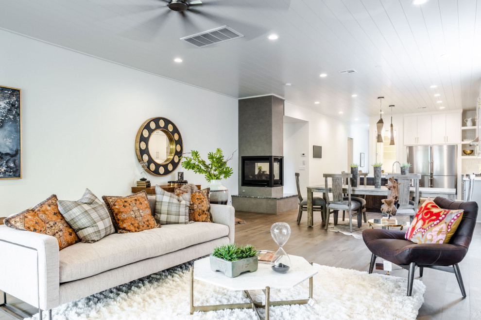 Photo of a large scandi open plan living room in Oklahoma City with grey walls, dark hardwood flooring, a two-sided fireplace, a tiled fireplace surround, brown floors and a timber clad ceiling.
