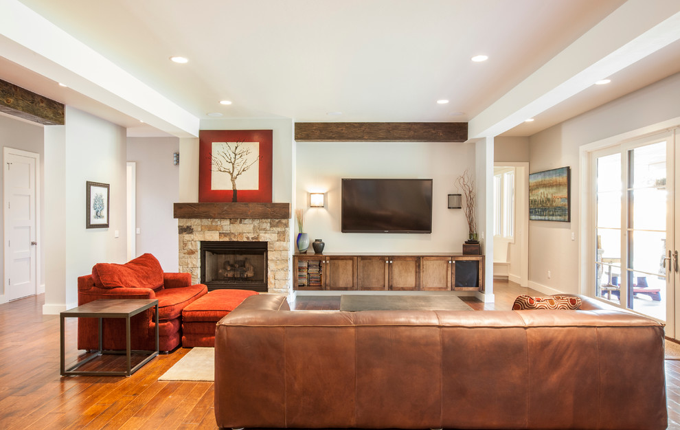 Example of a transitional living room design in Oklahoma City with gray walls
