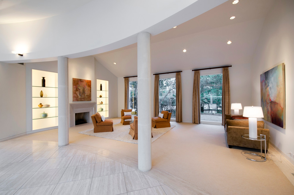 Идея дизайна: гостиная комната в современном стиле с белыми стенами и стандартным камином