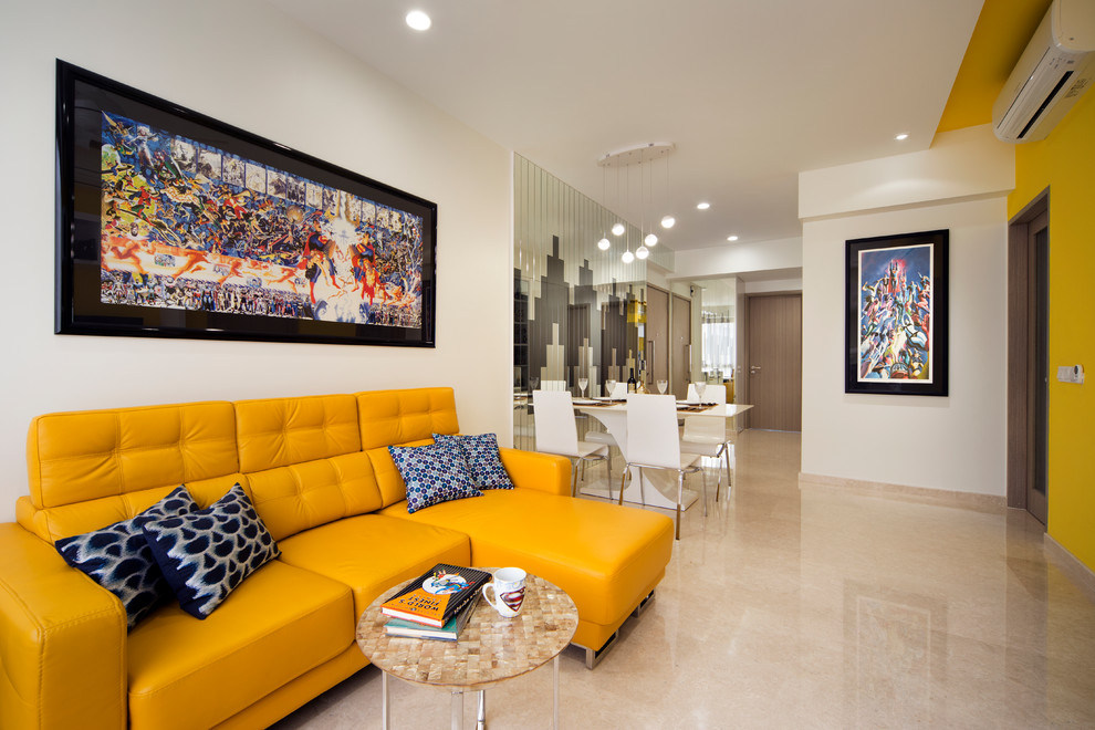 Living room - contemporary open concept living room idea in Singapore with yellow walls