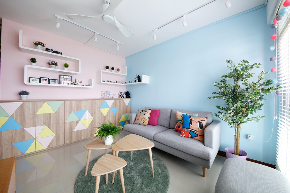 Inspiration for an eclectic beige floor living room remodel in Singapore with multicolored walls