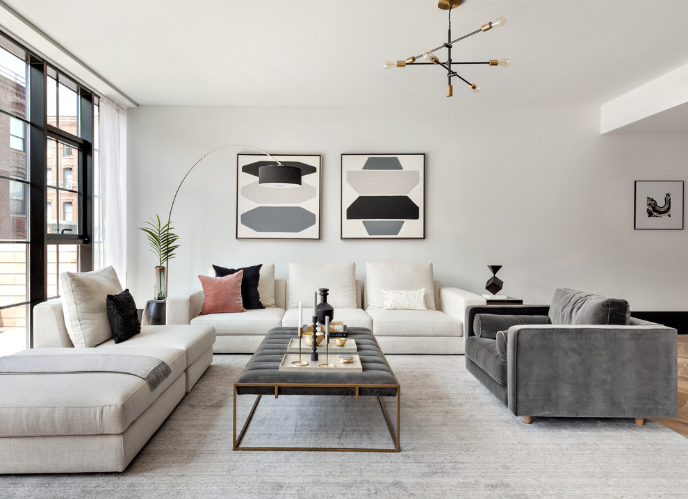 Ispirazione per un soggiorno moderno aperto con sala formale, pareti bianche, moquette e pavimento grigio