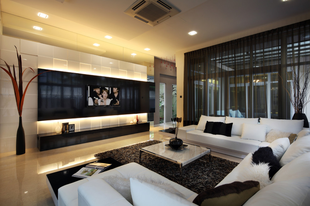 Стильный дизайн: гостиная комната в современном стиле с мультимедийным центром - последний тренд