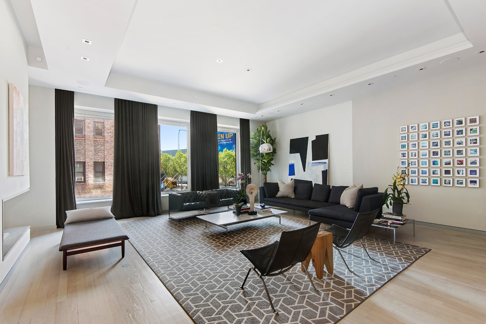 This is an example of an expansive contemporary formal open plan living room in New York with white walls, light hardwood flooring, a two-sided fireplace and no tv.