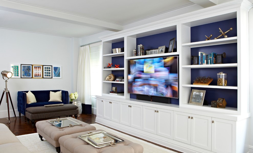 Photo of a large traditional formal open plan living room in New York with grey walls, dark hardwood flooring, no fireplace and a built-in media unit.