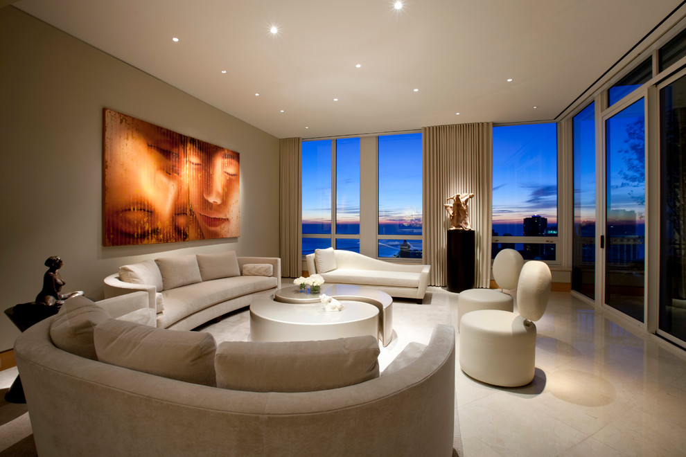 Contemporary formal living room in Chicago with beige walls.