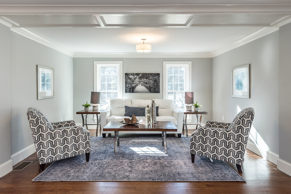 Kleines, Repräsentatives Modernes Wohnzimmer mit grauer Wandfarbe, braunem Holzboden und braunem Boden in Boston