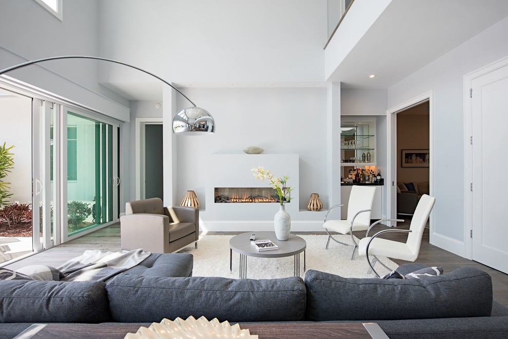 Immagine di un soggiorno design con pareti bianche, pavimento in legno massello medio, camino lineare Ribbon e pavimento grigio
