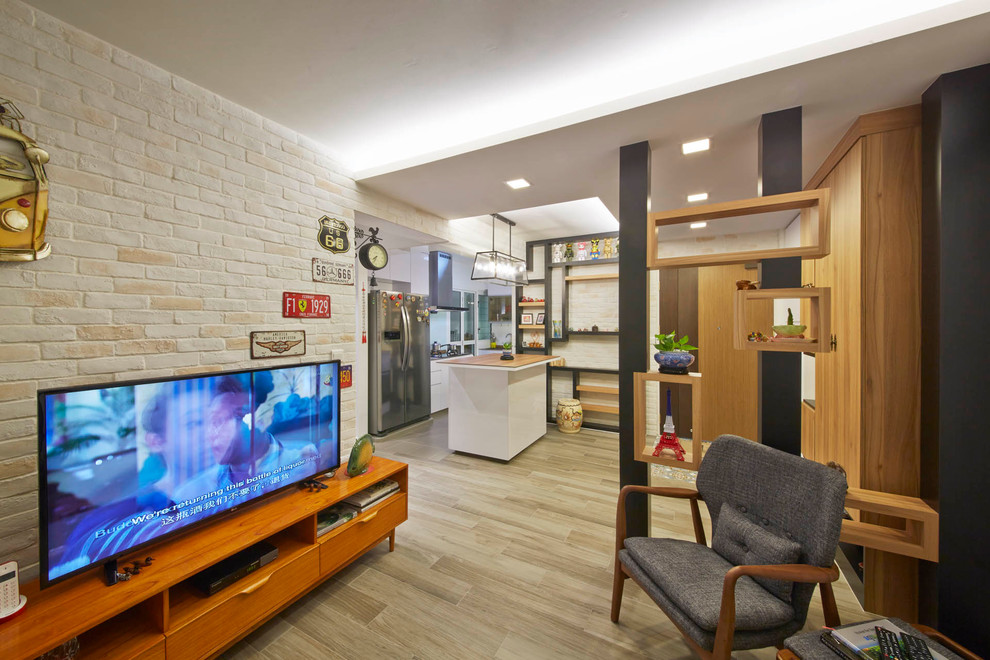 Foto di un soggiorno nordico di medie dimensioni e aperto con sala formale, pareti bianche e TV autoportante