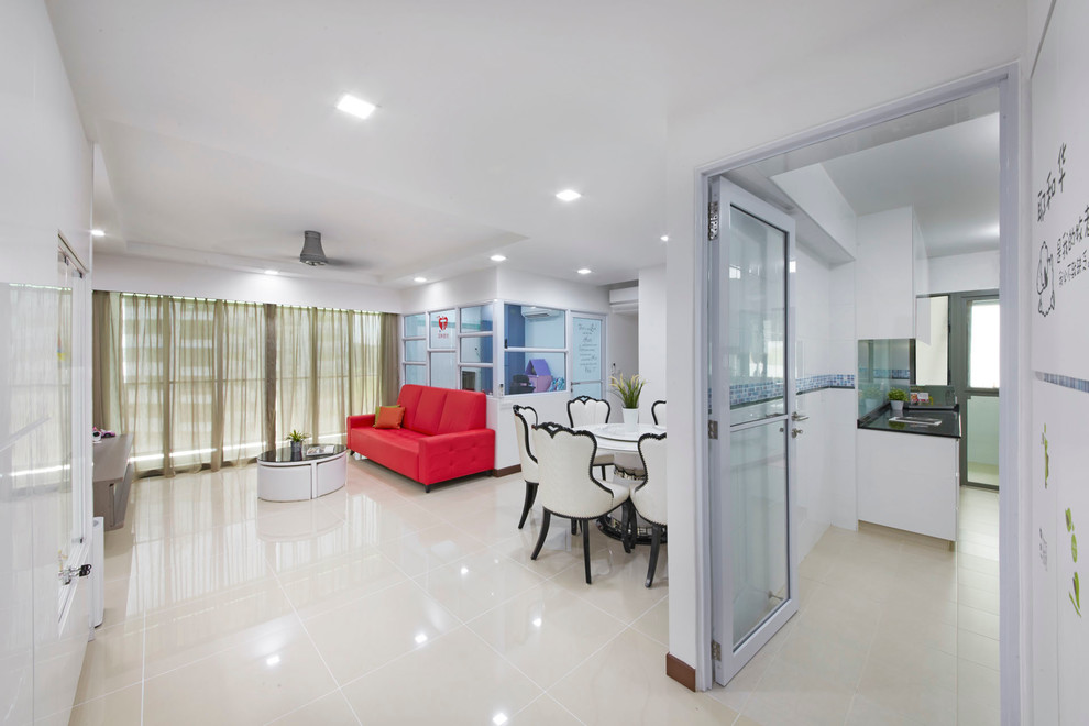 Идея дизайна: парадная, открытая гостиная комната среднего размера в стиле модернизм с белыми стенами, полом из керамогранита и телевизором на стене