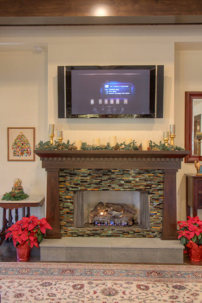 Large arts and crafts open concept dark wood floor living room photo in Atlanta with a standard fireplace and a tile fireplace