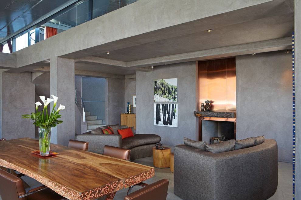 Пример оригинального дизайна: гостиная комната в стиле модернизм с бетонным полом, серыми стенами и фасадом камина из металла