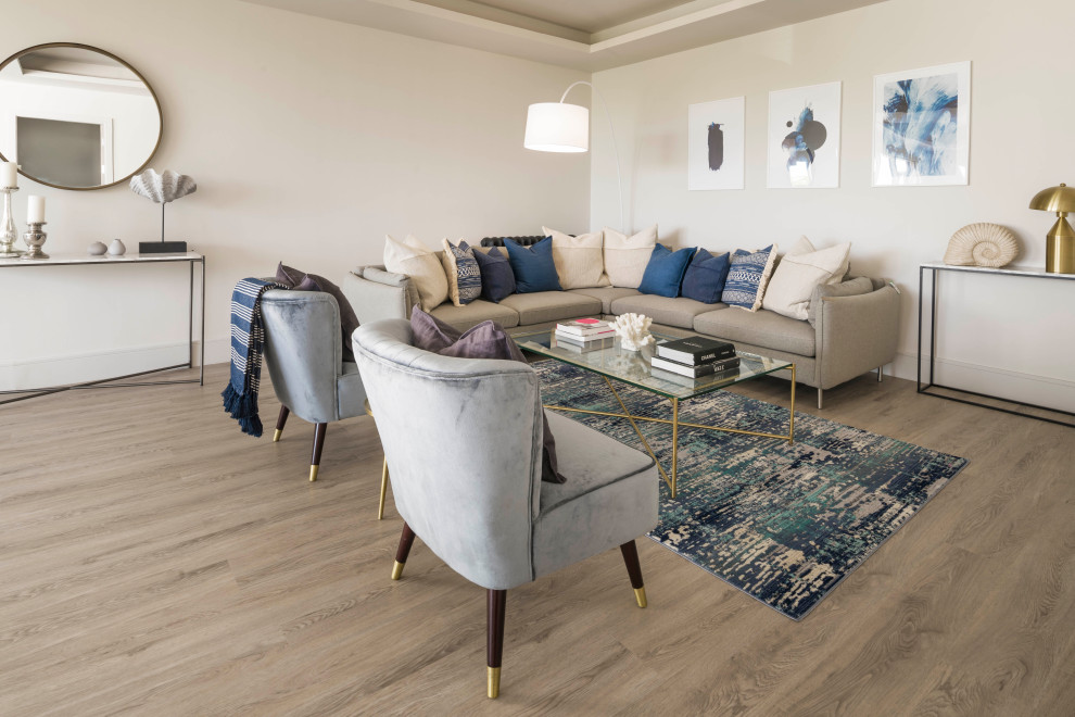 Inspiration for a large beach style open plan living room in Cornwall with grey walls, light hardwood flooring, grey floors and a coffered ceiling.