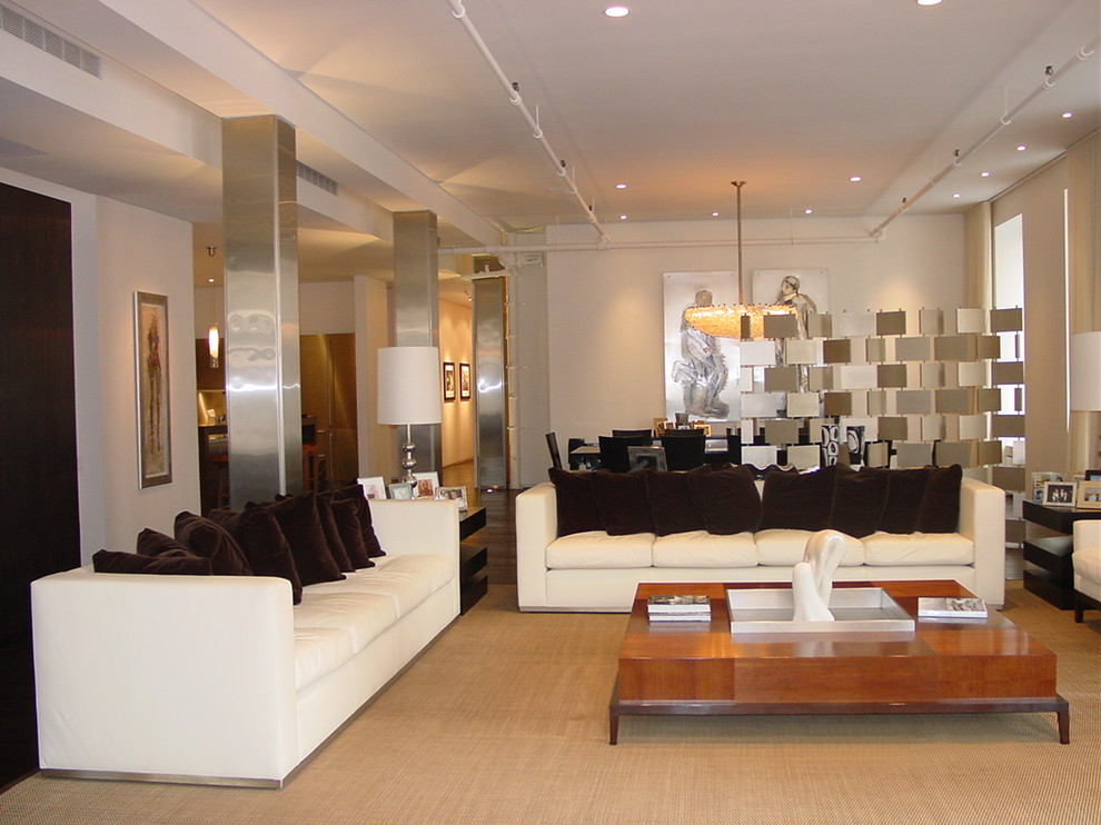 Großes, Repräsentatives, Offenes Modernes Wohnzimmer mit weißer Wandfarbe und Teppichboden in New York