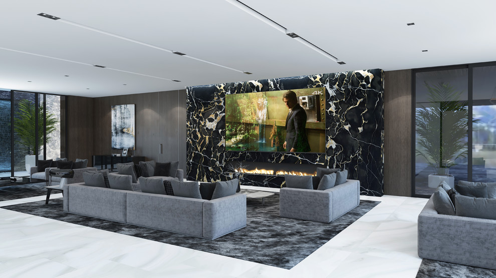 ロサンゼルスにあるラグジュアリーな巨大なモダンスタイルのおしゃれなリビング (茶色い壁、大理石の床、標準型暖炉、石材の暖炉まわり、壁掛け型テレビ、白い床、三角天井) の写真