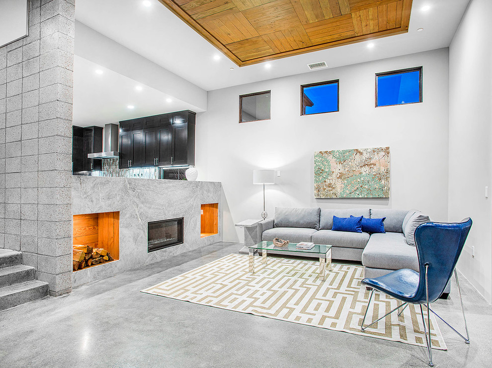 Living room - contemporary open concept concrete floor living room idea in San Diego with white walls and a ribbon fireplace