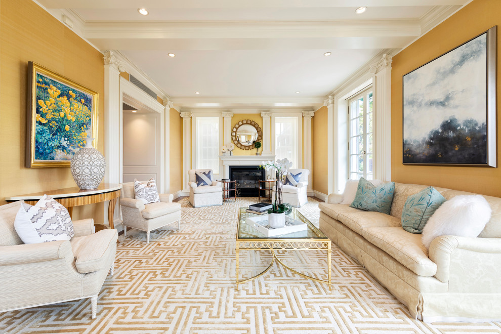 Living room - traditional formal and enclosed living room idea in New York with yellow walls