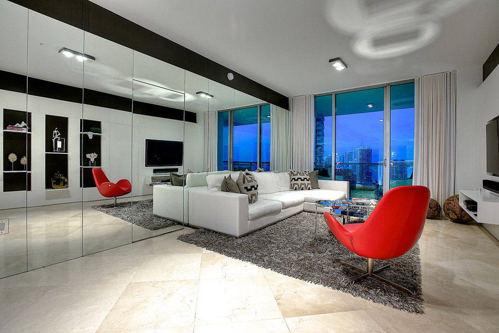 Design ideas for a small contemporary enclosed living room in Miami with a built-in media unit.