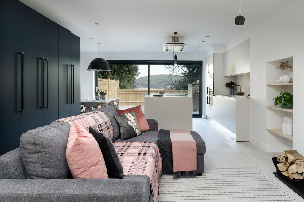 Kleines, Offenes Modernes Wohnzimmer mit weißer Wandfarbe, hellem Holzboden, Kaminofen und weißem Boden in Sussex