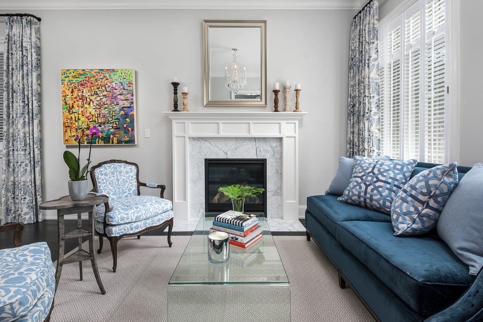 Inspiration for a small transitional formal dark wood floor living room remodel in Chicago with gray walls, a standard fireplace, a stone fireplace and no tv