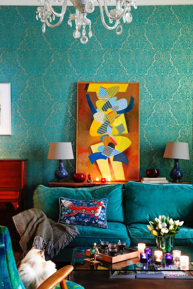 Ispirazione per un soggiorno bohémian con pareti blu