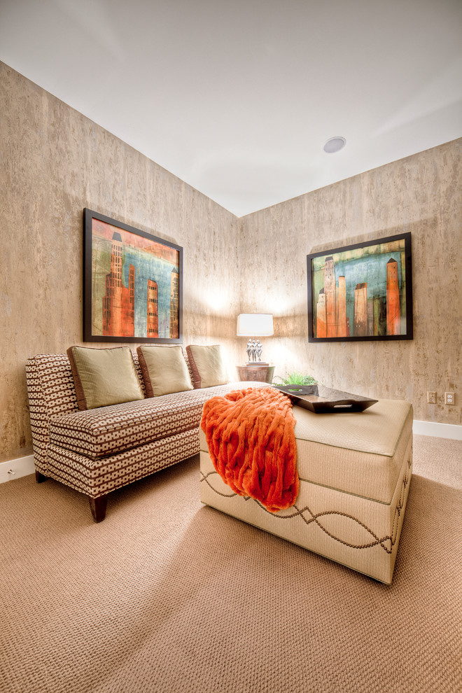 Photo of a contemporary living room in Omaha with brown walls.