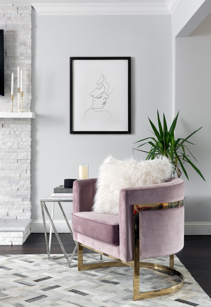 Small transitional dark wood floor and gray floor living room photo in New York with gray walls