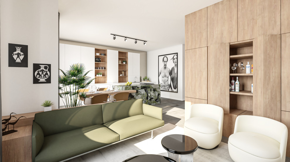 Идея дизайна: большая открытая гостиная комната в современном стиле с домашним баром, белыми стенами, полом из керамической плитки, телевизором на стене и серым полом