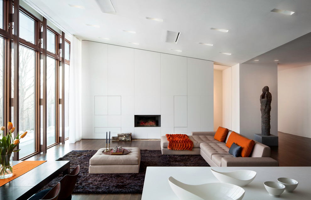 Inspiration for a modern living room in New York with white walls.