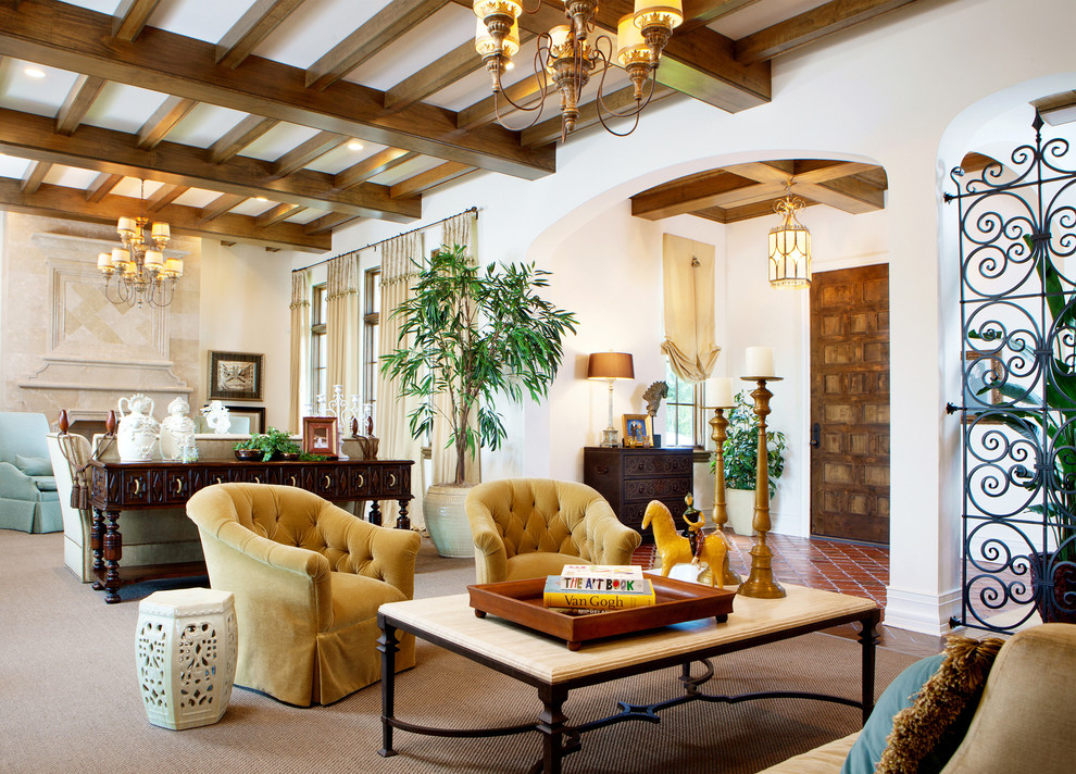 Inspiration for a medium sized mediterranean formal enclosed living room in Miami with beige walls, a standard fireplace, a stone fireplace surround, no tv, brown floors and terracotta flooring.