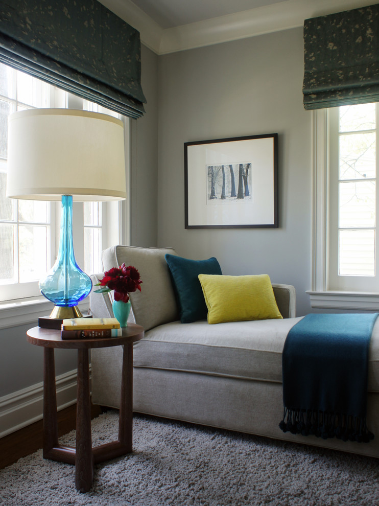 Example of a mid-sized transitional enclosed carpeted living room design in New York with gray walls and no fireplace