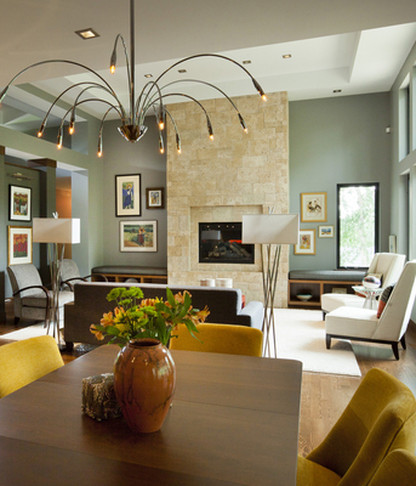 Idée de décoration pour un grand salon minimaliste ouvert avec un mur gris, un sol en bois brun, une cheminée standard, une salle de réception, aucun téléviseur, un plafond décaissé, un manteau de cheminée en carrelage et un sol beige.
