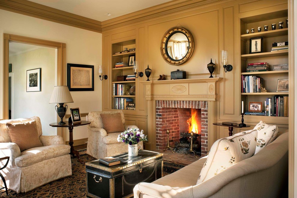 Inspiration for a farmhouse formal enclosed living room in New York with a standard fireplace, a brick fireplace surround, no tv and yellow walls.