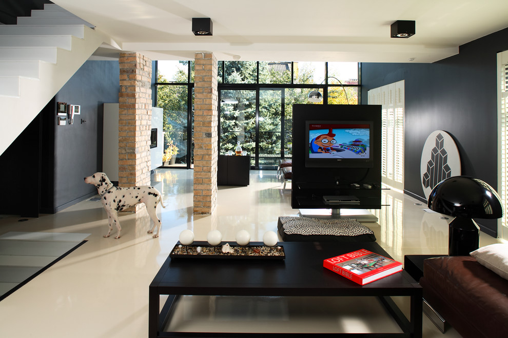 Источник вдохновения для домашнего уюта: гостиная комната в стиле модернизм с черными стенами