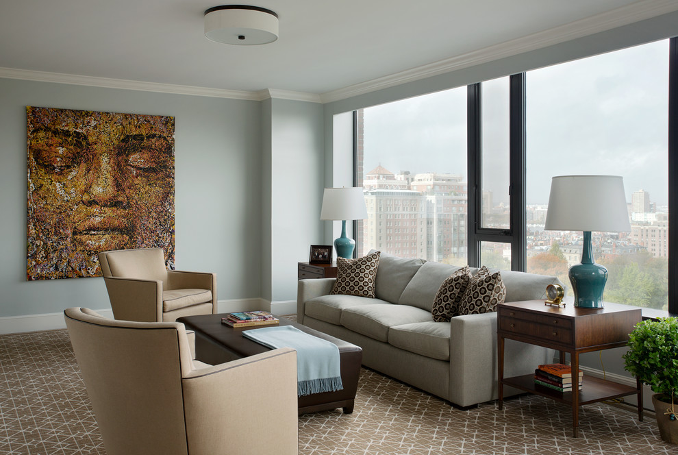 Example of a small classic enclosed carpeted living room design in Boston with gray walls