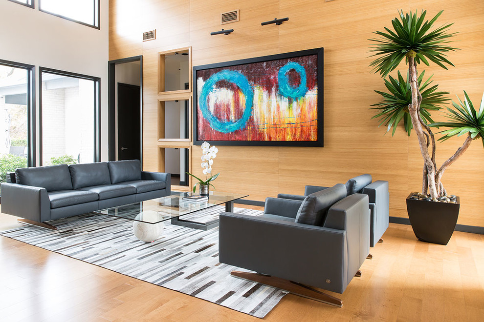 Living room - modern medium tone wood floor living room idea in Dallas